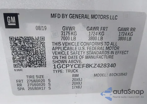 2019 Chevrolet Silverado 1500 Custom Trail Boss z USA, uszkodzony, nr VIN 1GCPYCEF8KZ428340